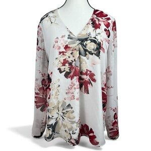 White House Black Market Red and Cream Floral Long Sleeve Tunic Blouse | 8